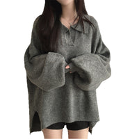 Idle Style Loose Mid-length Pullover Sweater Velvet Polo Collar Sweater