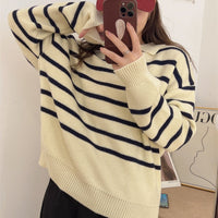 Retro Lazy Style Contrast Color Striped Collar Knitted Sweater