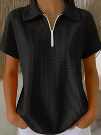Turn-down Collar Pullover Drop Shoulder Half-zip Waffle Long Sleeve Women's POLO Top