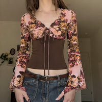 Floral Butterfly Print V-Neck Lace-Up Long-Sleeve T-Shirt