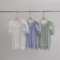 Women's Drawstring Wooden Ear Design Loose Puff Sleeves Shirt