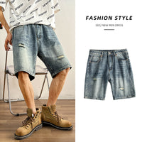 Five-point Denim Shorts Men's Loose Hole Slim Fit