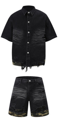 Cut Edge Stitching Leopard Print Denim Short Sleeve