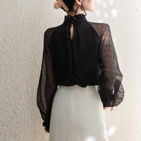 Womens Long-Sleeve Chiffon Blouse With Polka Dots