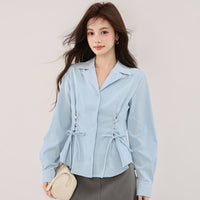 New Blue French-style Suit-collar Shirt With A Tie Waist And Long Sleeves