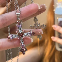 Gothic Cross Pendant Necklace For Women, Y2K Heavy Duty Bling Rhinestone Clavicle Chain, Vintage Punk Hip Hop Trendy Streetwear Jewelry