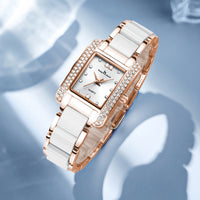 New Womens High End Quartz Square Watch With Ceramic Look And Diamond Accents