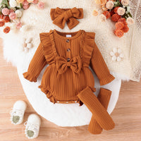 Girls Fashion Simple Sunken Stripe Long Sleeve Bowknot Siamese Triangle Romper With Long Socks