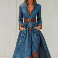 Color-blocked Floral Patterned Stand-up Collar Fitted Waist Casual Long Dress