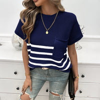 Women's Temperament Leisure Commute Style Printed Striped Pocket Sweater With Short Sleeves