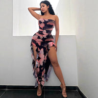 Floral Maxi Dress With High Slit Open Back And Fitted Waist