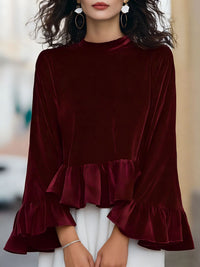 Womens Solid-Color Long-Sleeve Crew-Neck Ruffle-Trim Sweatshirt Top