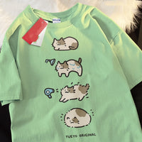 Bath Cat Cute Cartoon Short Sleeve T-shirt Men's Casual Loose