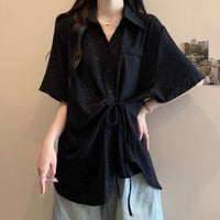 Slim-fit Trendy Mid-length Irregular Tie-waist Short-sleeve Shirt