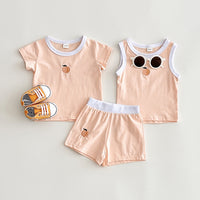 Peach Embroidery Casual Vest Short-sleeved Shorts Three-piece Set