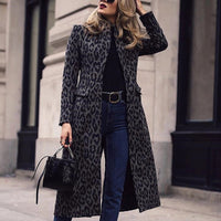 Coat Mid-length Black With A Turn-down Collar Leopard Print Top