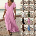 Cotton Linen V-neck Short Sleeve Loose Dress Women's Clothing