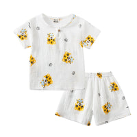 Cotton And Linen Short Sleeve Shorts Suit Round Neck Cartoon Printing