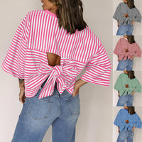 Womens Crew-Neck Striped Knitted Top With Back Tie Bow