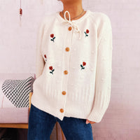 Flower Embroidery Bow Bandage Knitted Cardigan Single-breasted Sweater
