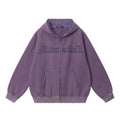Embroidered Letters Washed And Worn Fleece Cardigan Sweatshirt