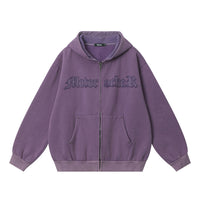 Embroidered Letters Washed And Worn Fleece Cardigan Sweatshirt