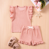Girls' Summer Suits Solid Color Casual Flounced Sleeve Shorts
