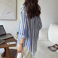 Casual Lapel Elegant Commute Long Sleeve Blue Striped Shirt Women
