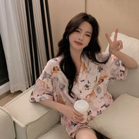 Simple Cat Cartoon Print Thin Pajamas Women