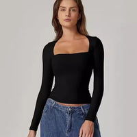 Women's Square Neck Autumn Top Long Sleeve Slim Fit Pullover Milk Silk T-shirt Elegant