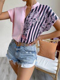 Double Contrast Color Floral Button Cardigan Short Sleeve Shirt