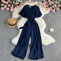 Retro Fashionable Temperament V-neck Short-sleeved Waist Jumpsuit