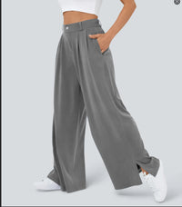 Womens New High-Waist Casual Wide-Leg Pants With Zippers And Pockets At The Hem
