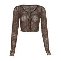 Women's Pure Color Mesh Cardigan Long Sleeve Short T-shirt