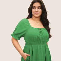 Retro Square-Neck Puff-Sleeve Waist-Cinched Slimming Green Midi Dress