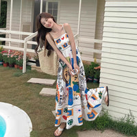 Retro Ethnic-style Oil Painting Graffiti-print Slip Dress For Women