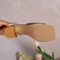 Womens Shiny Chunky-heel Square-toe Sandals