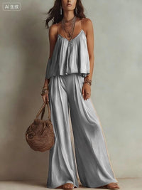 French-style Minimalist Slip Top And Wide-leg Pants Two-piece Set For Women