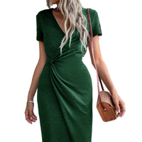 Womens Fashion V-Neck Slit Waist-Hugging Knitted Dress