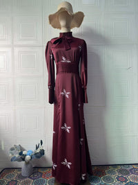 Retro Print Long-Sleeve Bow-Knot Dress