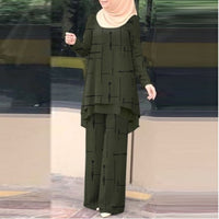 Womens Double-Layer Vertical Stripe Four-Way Stretch Printed Chiffon Set With Elastic Waistband