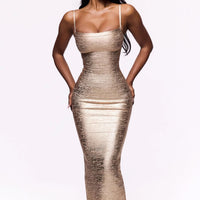 Fashionable Gold-Stamped Low-Cut Sleeveless Bodycon Sheath Dress