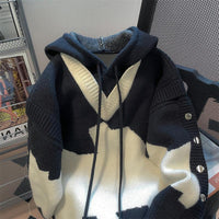 Contrast Colors False-two-piece Knitted Sweater Hooded Jacket