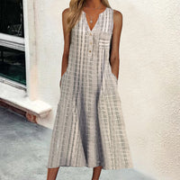 Fashionable Pocketed V-Neck Striped Sleeveless Casual Dress