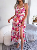 Women Floral Print Sleeveless Cutout Slip Maxi Beach Vacation Dress
