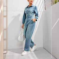 Women's Slim-fit Long-sleeved Denim Jumpsuit