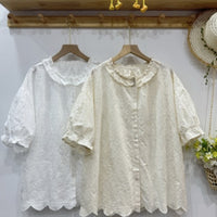 Turn-down Collar Japanese-style Cotton-linen Short-sleeve Shirt