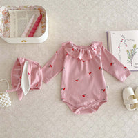 Ruffled Collar Bottom-covering Rompers Newborn 0-2 Years Old Cherry Print Long Sleeve Jumpsuit