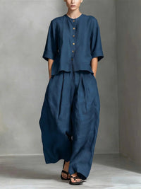 Solid-color Cotton-linen Shirt And Loose-fitting Trousers Two-piece Set