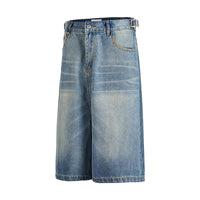 American Retro Denim Cropped Pants Washed Cat Beard Pattern